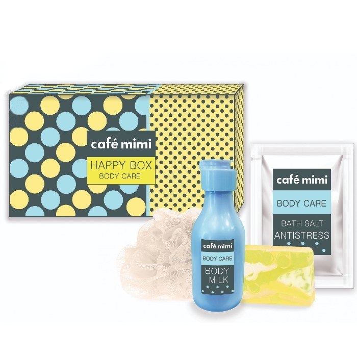 Zestaw Upominkowy "Happy Box" Mleczko do Ciała. Sól do Kąpieli, Mydło Glicerynowe, Myjka Cafe Mimi Zestaw Upominkowy "Happy Box" Mleczko do Ciała. Sól do Kąpieli, Mydło Glicerynowe, Myjka Cafe Mimi.