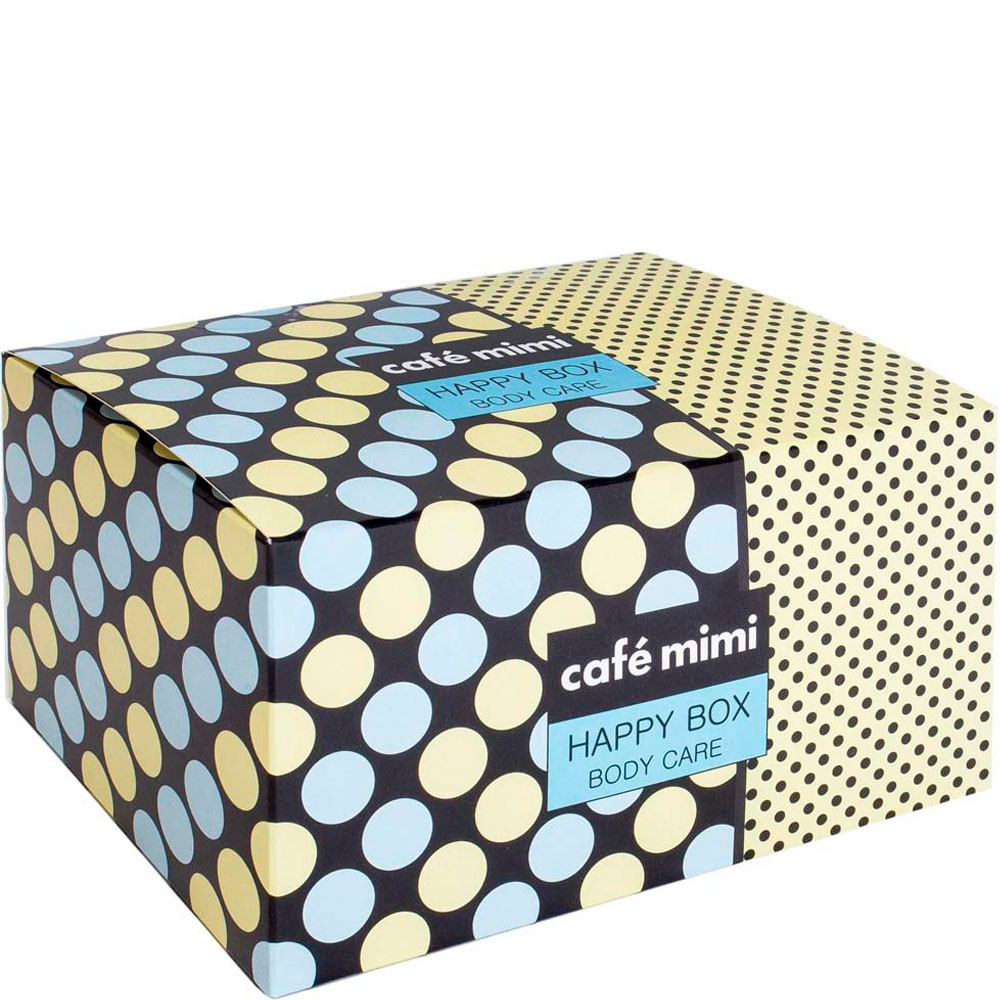 Zestaw Upominkowy "Happy Box" Mleczko do Ciała. Sól do Kąpieli, Mydło Glicerynowe, Myjka Cafe Mimi Zestaw Upominkowy "Happy Box" Mleczko do Ciała. Sól do Kąpieli, Mydło Glicerynowe, Myjka Cafe Mimi.